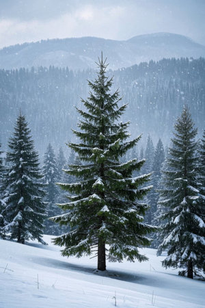 Pine trees in the snowy mountain forestの素材