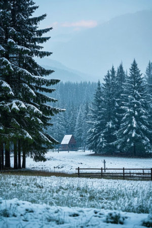 View of a cabin in a snowy forestの素材