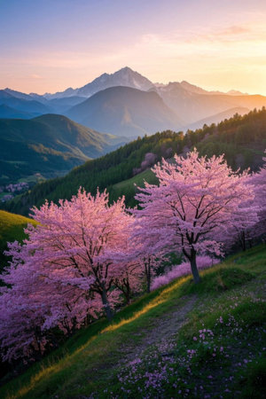 Pink cherry blossoms blooming in the mountains and the scenery of distant mountainsの素材