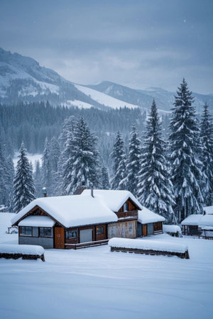 Snow covered wooden houses and forests under the snow capped mountainsの素材
