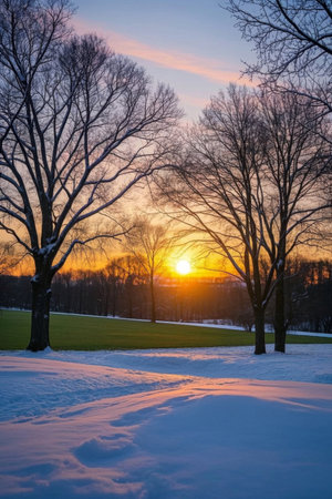 Sunset scenery in the woods after winter snowの素材