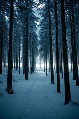 Winter snow covers the forest trailsの素材