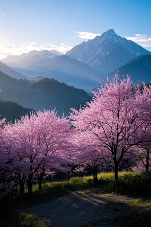 Pink cherry trees blooming in the mountainsの素材