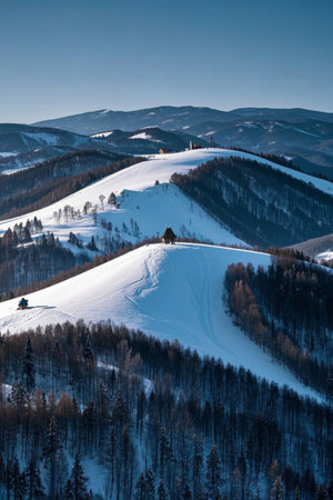 Cabin scenery in the snow capped mountains and forestsの素材