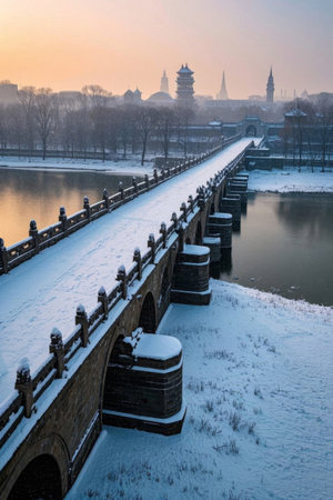 After the snow, the ancient bridge and the distant pavilionsの素材