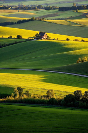 Single family house in a pastoral rural landscapeの素材