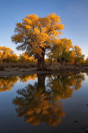 Reflections of the golden poplar forest by the waterの素材