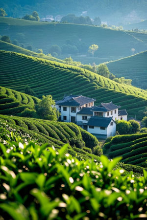 Mountain tea gardens and residential sceneryの素材