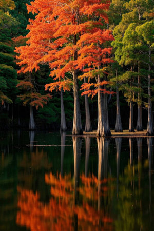 Autumn lakeside mangrove reflection sceneryの素材