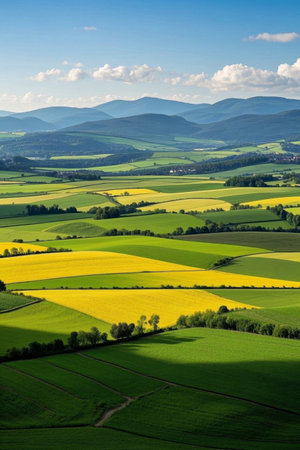 Pastoral scenery, panoramic views of fields and hillsの素材