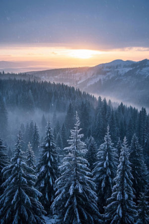 Forest sunrise after snow natural sceneryの素材