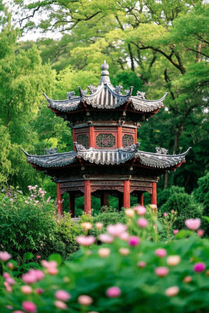 Chinese style pavilions and flower filled landscapesの素材