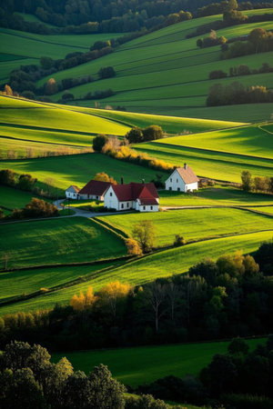 Scenery of houses in green fields in the countrysideの素材