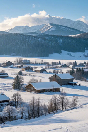 Winter countryside snow scene under the snow capped mountainsの素材