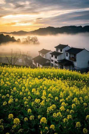 Morning view of the countryside in a sea of rapeseed flowersの素材