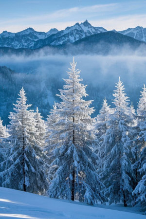 Snow covered forests and distant mountain landscapesの素材