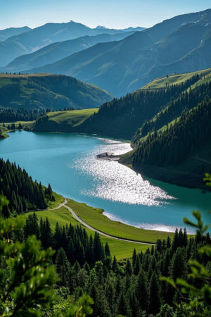 Panoramic view of natural scenery of mountain lakesの素材