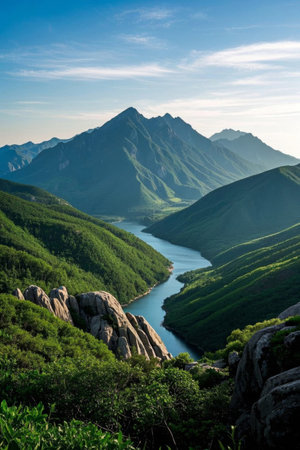 Panoramic view of natural scenery of mountain riversの素材