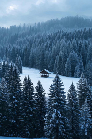 View of a cabin in a snowy forestの素材