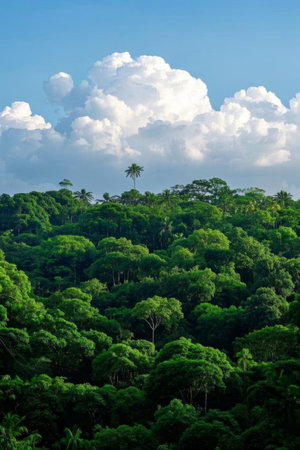 Dense forest landscape under blue sky and white cloudsの素材