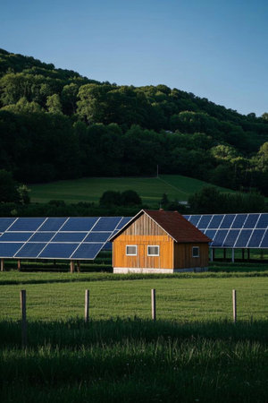 Solar panel view next to the pastoral cottageの素材
