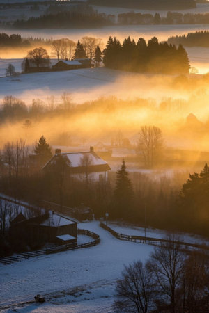 Forest scene in the morning mist of the winter countrysideの素材