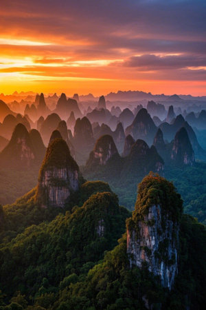 Guilin's natural scenery of sunrise over the mountainsの素材