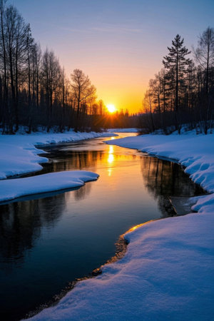 Sunset scene in the river forest in winterの素材