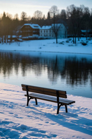 Lake bench after snow and distant architectural landscapeの素材