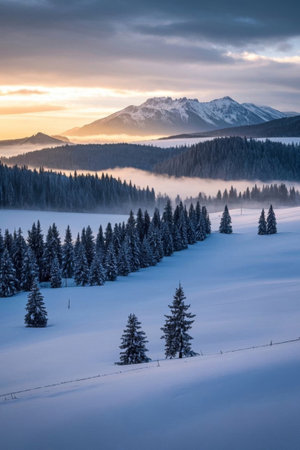 Panoramic view of snow capped mountains and forestsの素材