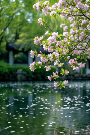 Pink spring flowers blooming by the lakeの素材