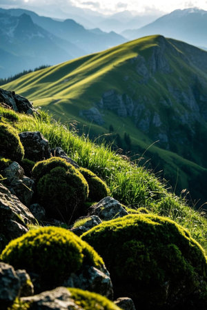 Mountain meadows and distant mountain landscapesの素材