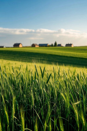 Green wheat fields and distant farmhouse landscapeの素材
