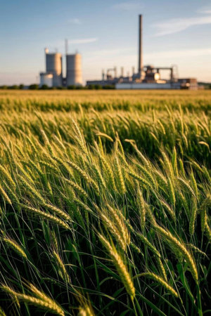 Wheat fields and distant industrial facilities landscapeの素材