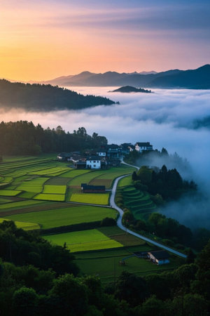Morning scenery of mountain villages and rural sea of cloudsの素材