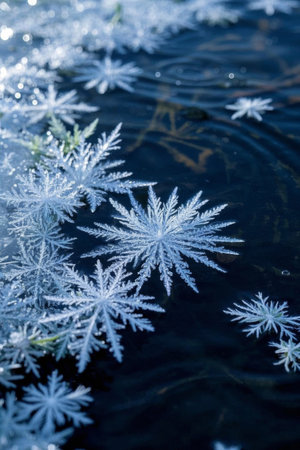 Close up of snowflakes on the waterの素材