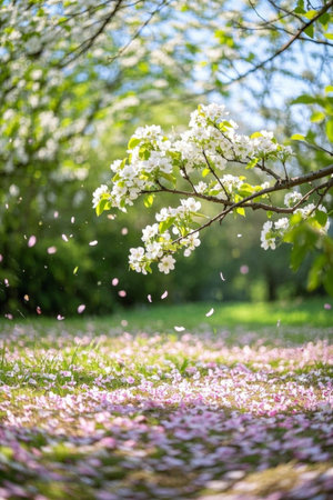 Spring flowers falling on the grass landscapeの素材
