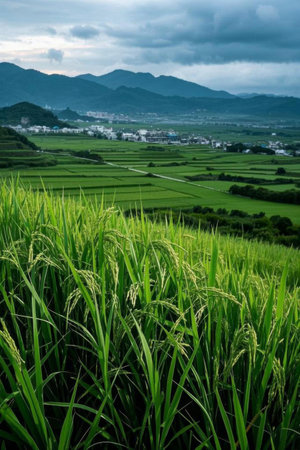 Fields of rice and distant mountain landscapesの素材