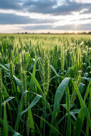 The wheat ears in the wheat field are exposed in the early morningの素材