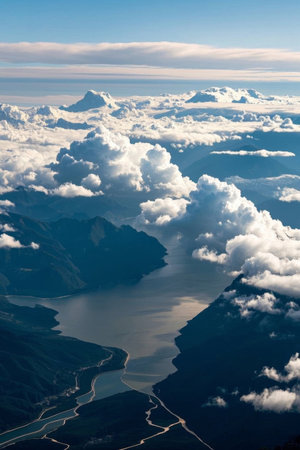 Overlooking the landscape of mountains, rivers and sea of clouds from aboveの素材