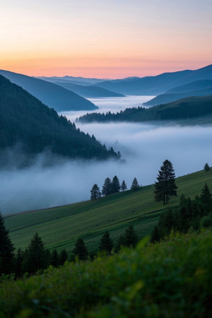 Mountain morning mist forest landscapeの素材