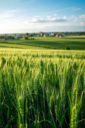 Green wheat fields and distant village sceneryの素材