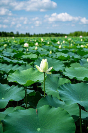 Summer lotus pond lotus and lotus leaf landscapeの素材