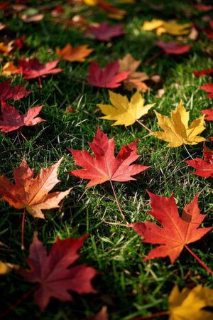 Colorful maple leaves on the grassの素材