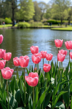 Pink tulips blooming by the lakeの素材
