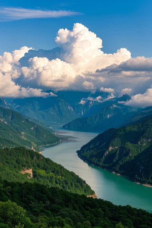 Panoramic view of natural scenery of mountains, rivers and riversの素材