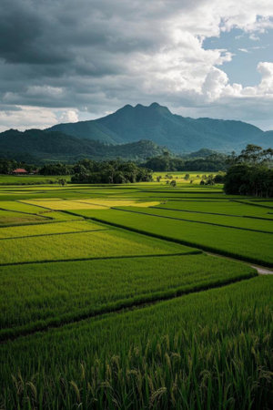 Field scenery and rice fields surrounded by distant mountainsの素材