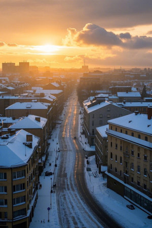 Sunrise view of city streets after snowの素材