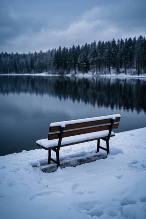 Lake benches and quiet forest scene after the snowの素材