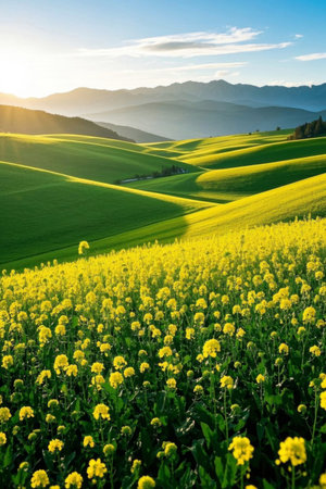Yellow rapeseed fields in the mountainsの素材